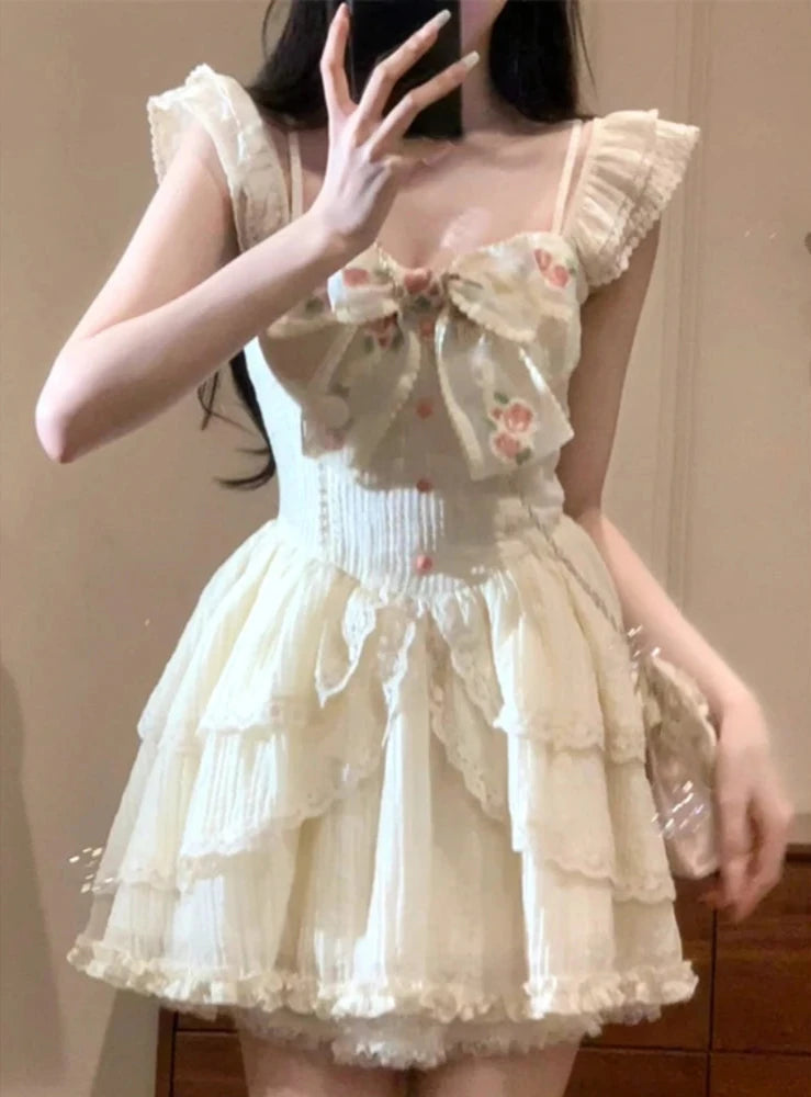 Flowering Bow Layered Mini Dress