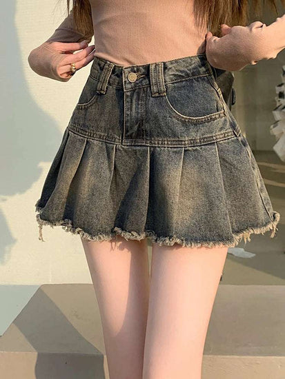 Distressed Pleated Denim Skort