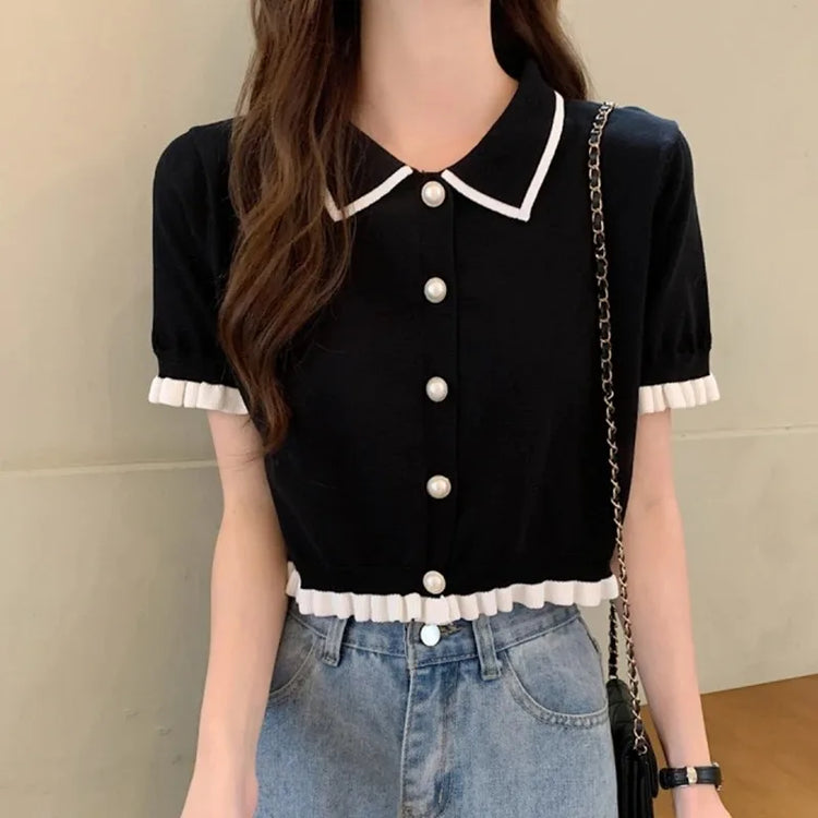 Pearl Pop Collar Knit Top