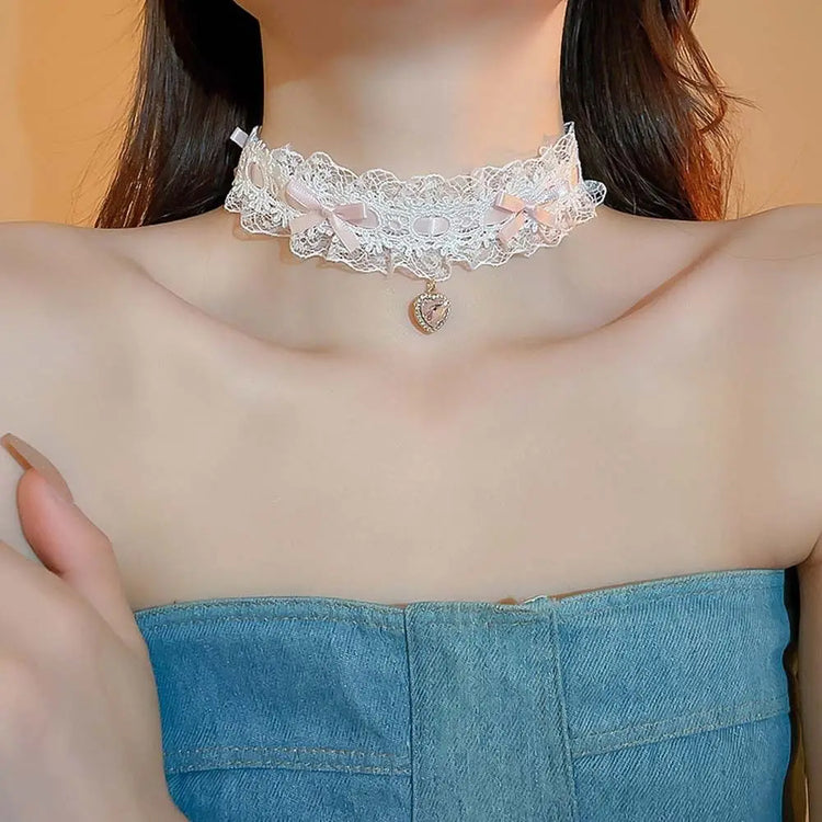 Lovely Lacey Bow Heart Choker