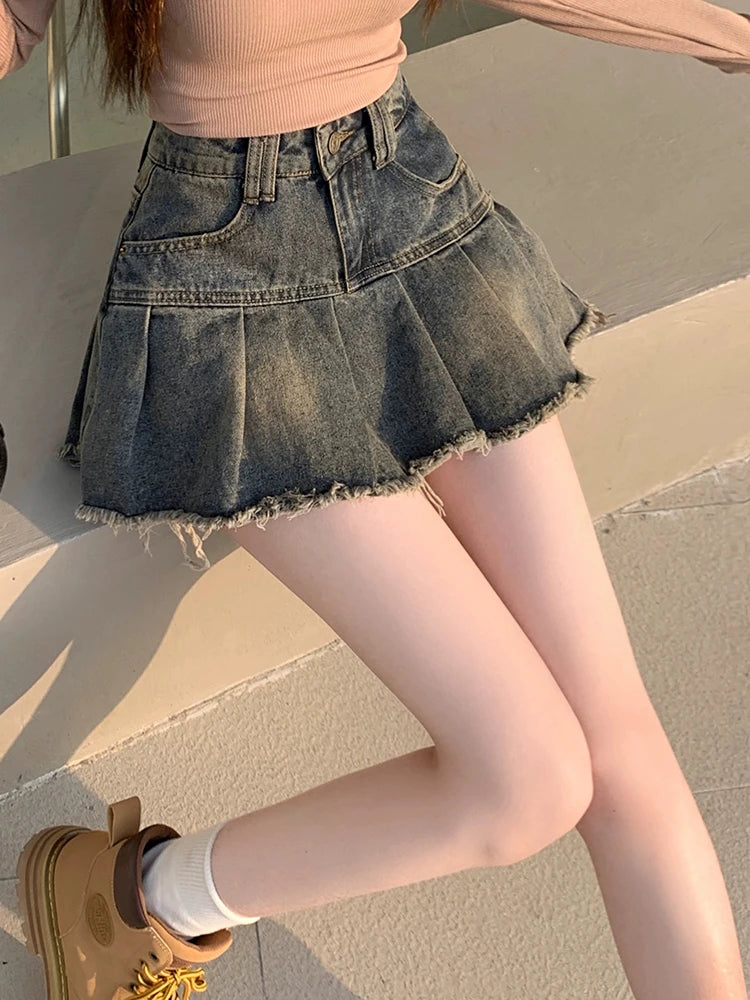 Distressed Pleated Denim Skort