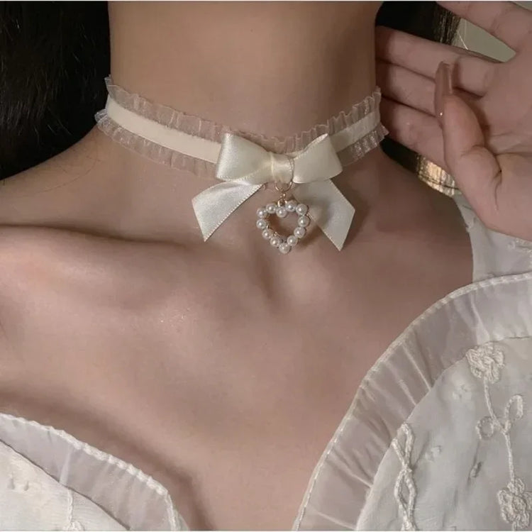 Precious Pearl Bow Heart Choker