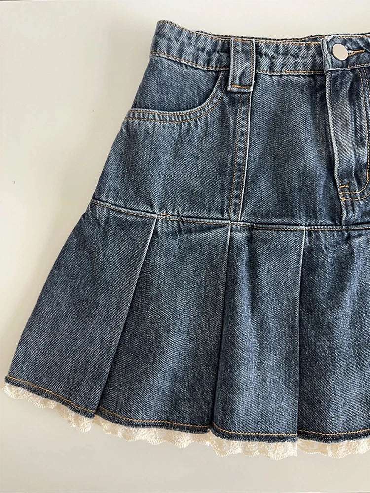 Lace Trim Pleated Denim Mini Skort