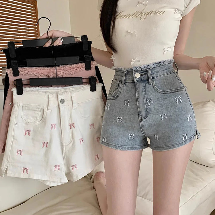 Pretty Bow Embroidered Jean Shorts