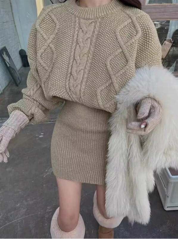 Cocoa Days Illusion Cable Knit Dress