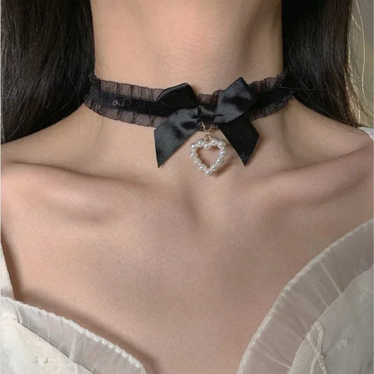 Precious Pearl Bow Heart Choker