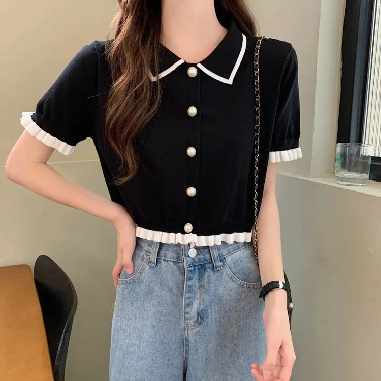 Pearl Pop Collar Knit Top