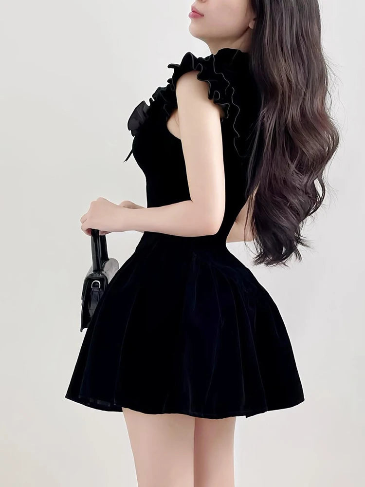 Elegant Flower Tied Bow Velvet Dress