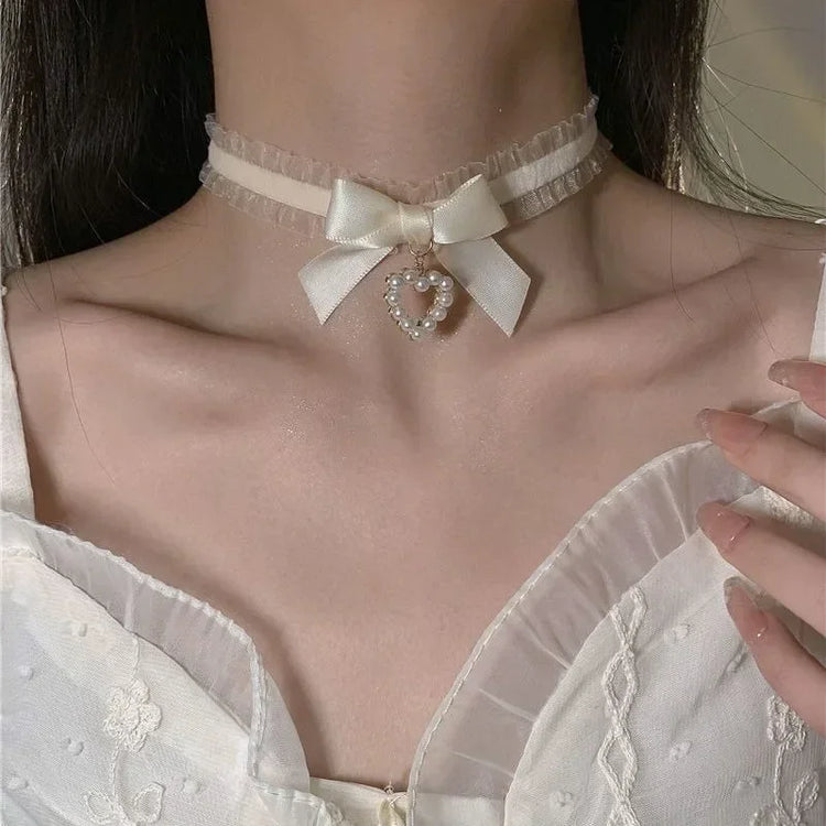 Precious Pearl Bow Heart Choker