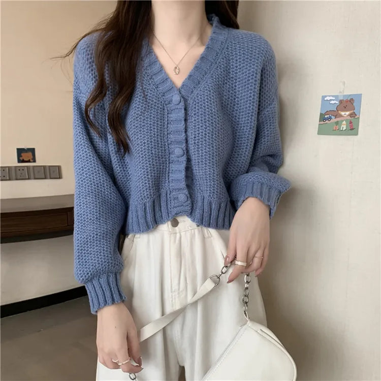 Button-Up V-Neck Knit Cardigan