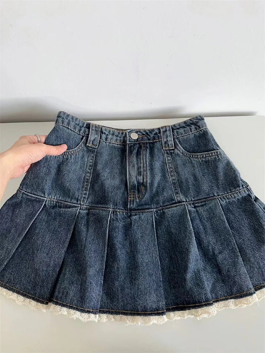 Lace Trim Pleated Denim Mini Skort