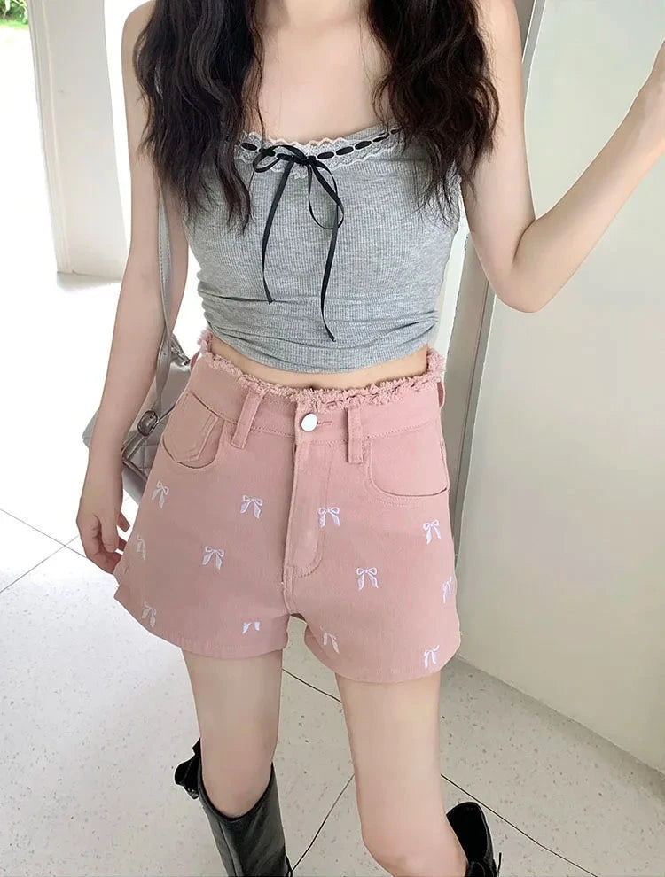 Pretty Bow Embroidered Jean Shorts