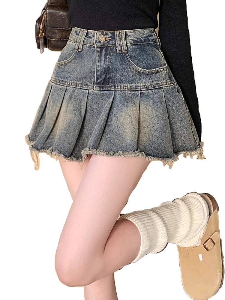 Distressed Pleated Denim Skort