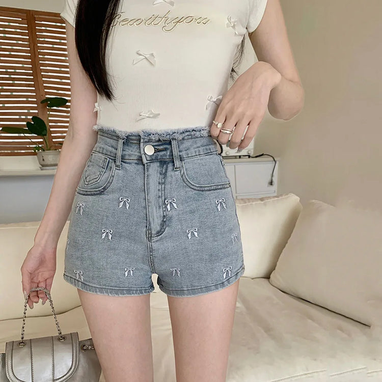 Pretty Bow Embroidered Jean Shorts