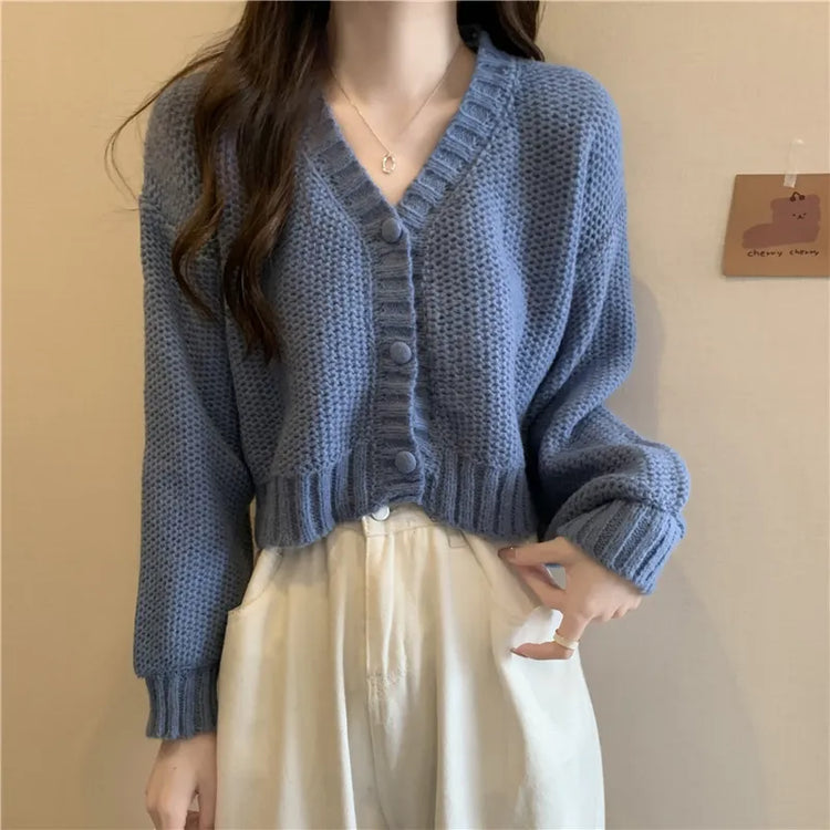 Button-Up V-Neck Knit Cardigan