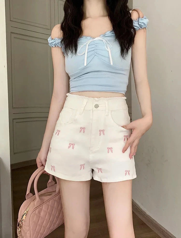 Pretty Bow Embroidered Jean Shorts