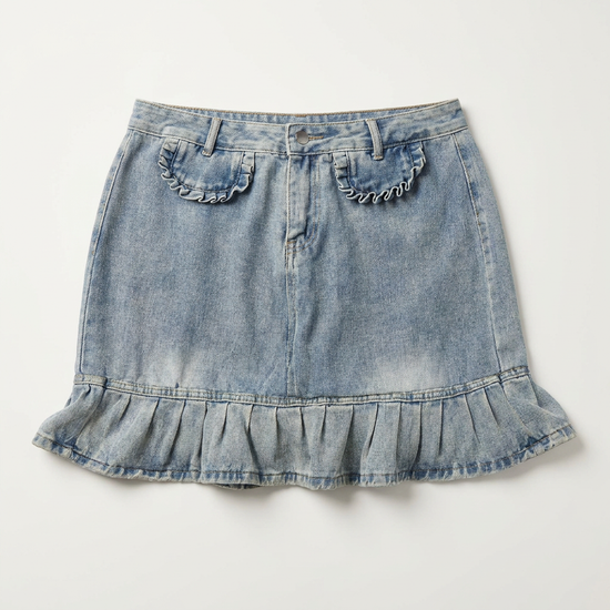 Front flat lay of the Two Moody Originals: Ruffle Flare Jean Skirt in 4XL with ruffle hem and ruffle faux pockets.