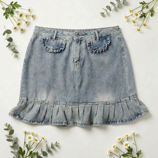 Front flat lay of the Two Moody Originals: Ruffle Flare Jean Skirt surrounded by small bunches of flowers.