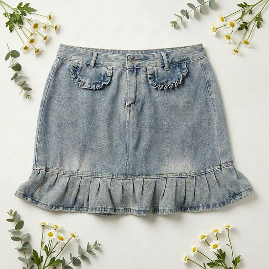 Front flat lay of the Two Moody Originals: Ruffle Flare Jean Skirt surrounded by small bunches of flowers.