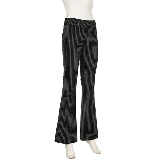 Angled front view of Y2K Business Chic Trousers on mannequin highlighting the structured flare and stripe pattern.
