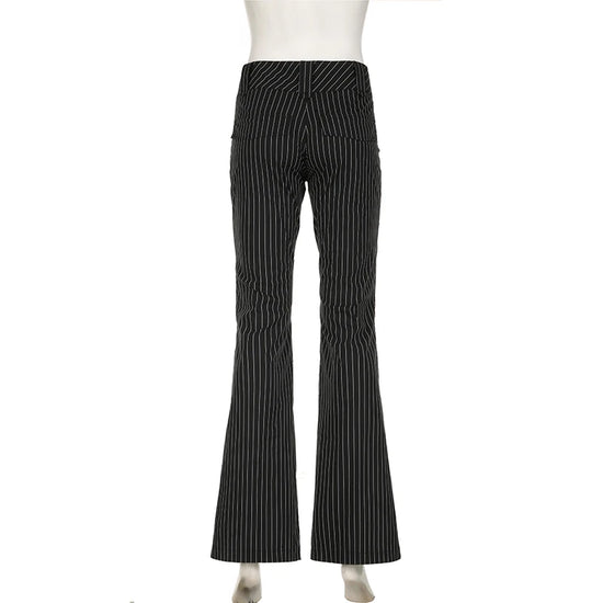 Back view of Y2K Business Chic Trousers laid flat on mannequin, showcasing tailored cut and pinstripe detail.