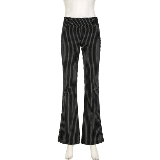 Frontal mannequin view of Y2K Business Chic Trousers featuring low-rise fit and clean pinstripes.