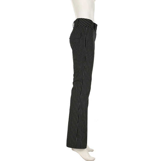 Side profile of Y2K Business Chic Trousers on mannequin, showing diagonal waistband stripes and bootcut flare.