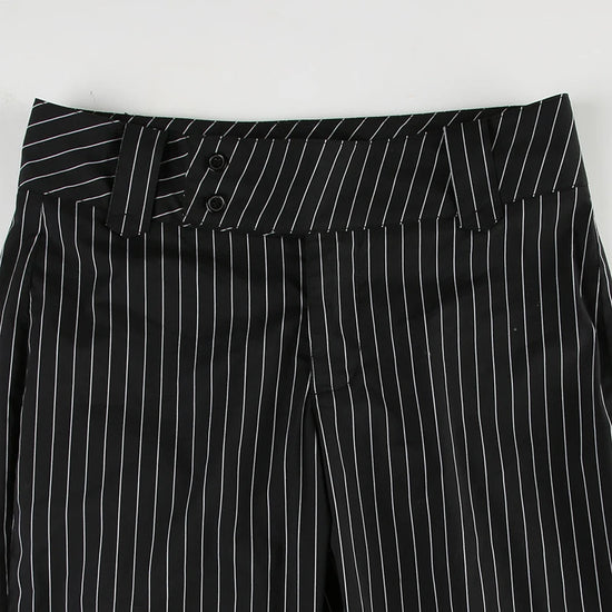 Close-up of waistband on Y2K Business Chic Trousers featuring diagonal stripe pattern and double-button closure.
