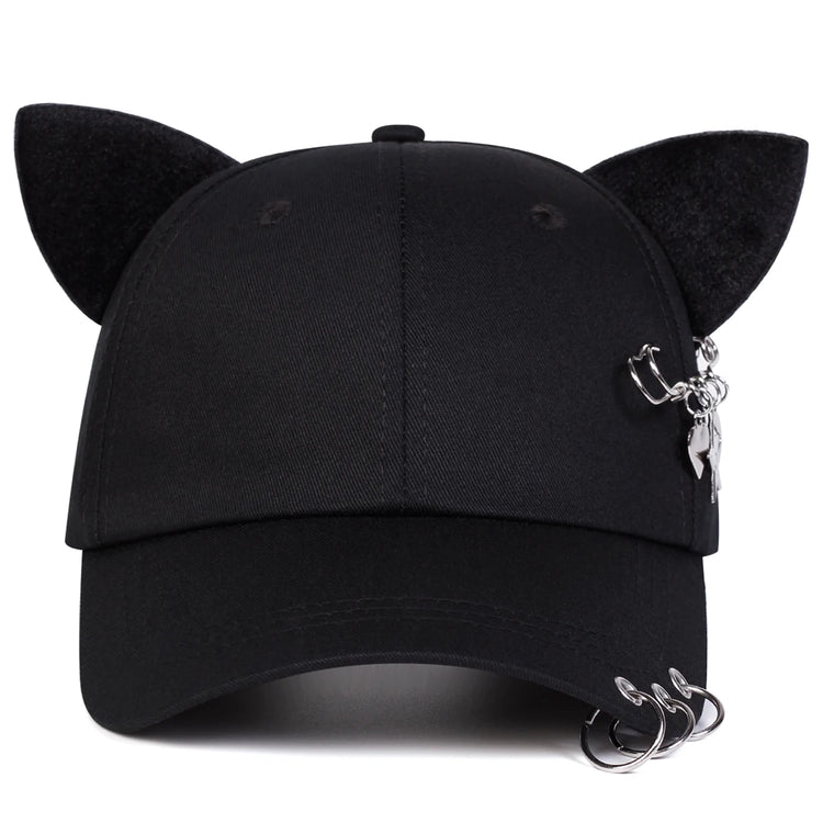 Front view of the black All-Star Kitty Baseball Cap, highlighting the plush cat ears.