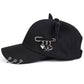 Side view of the black All-Star Kitty Baseball Cap showing the safety pin charms.