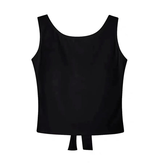 Front view of the Backstage Bow Backless Tank in black.