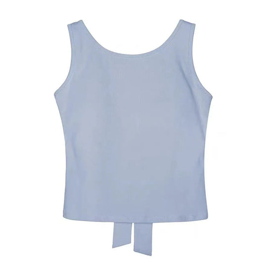 Front view of the Backstage Bow Backless Tank in blue.
