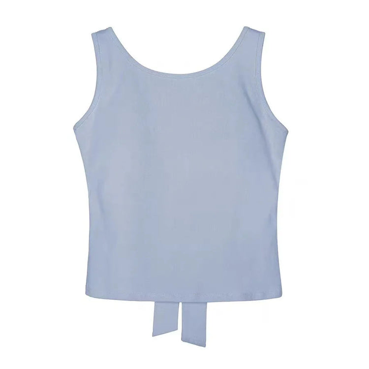 Front view of the Backstage Bow Backless Tank in blue.
