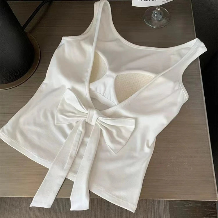 Back of the white Backstage Bow Backless Tank, showcasing the open back and oversized bow.