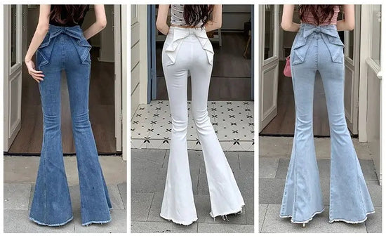 Model wearing the Backstage Bow Flare Jeans in dark blue, white, and light blue, back view.