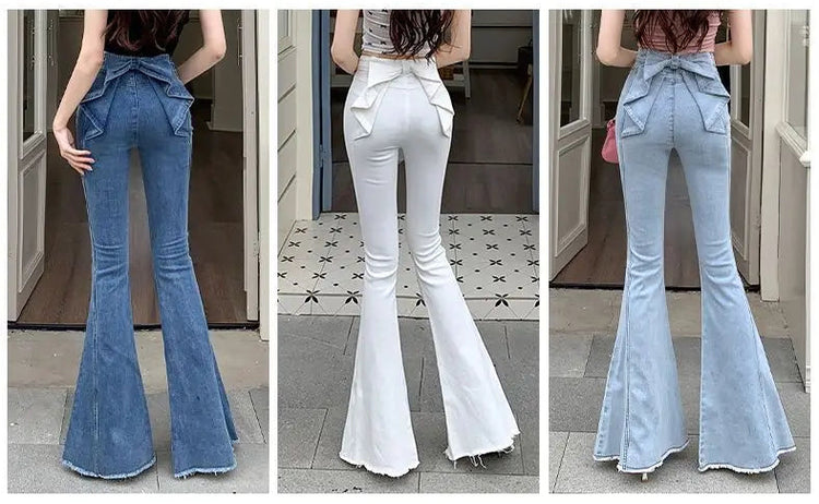 Model wearing the Backstage Bow Flare Jeans in dark blue, white, and light blue, back view.