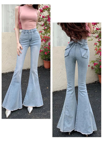 Model wearing the Light Blue Backstage Bow Flare Jeans, front and back view.