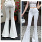 Front and back of the white Backstage Bow Flare Jeans, highlighting the bow detail in the back.