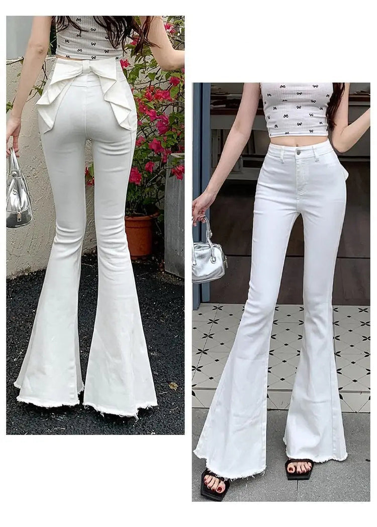 Front and back of the white Backstage Bow Flare Jeans, highlighting the bow detail in the back.