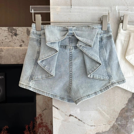 Back view of the light blue Backstage Bow Shorts showing the oversized bow detail