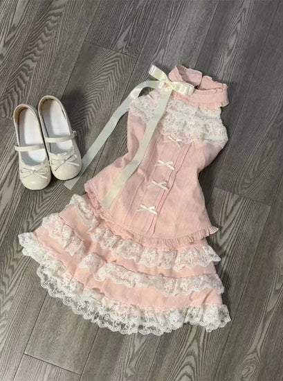 Angled flat lay of the Blushing Belle Skort Set.