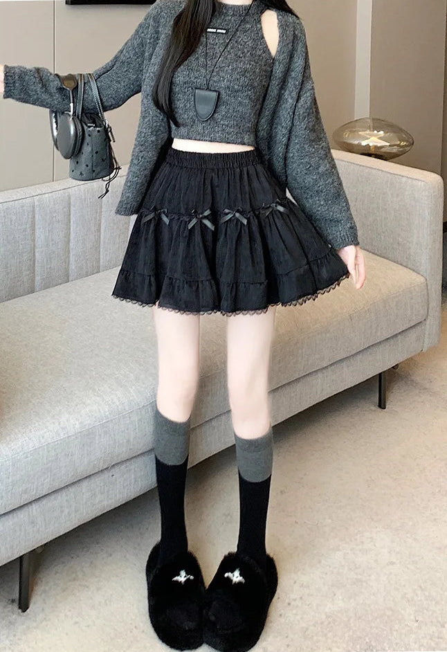 Model showing the fit of the Bow Peep Mini Skort in Black.