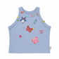 Pale periwinkle blue Charm Collector Tank shown in a front flat lay with colorful butterfly, star, animal, and button embellishments.