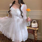 Model wearing the Cloudlight Fairy Dress while holding the dress to show the fabric and an orange rose