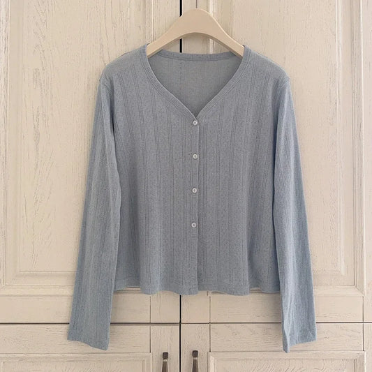 Cloudy Daydream Cardigan in pastel blue, soft and lightweight knit.