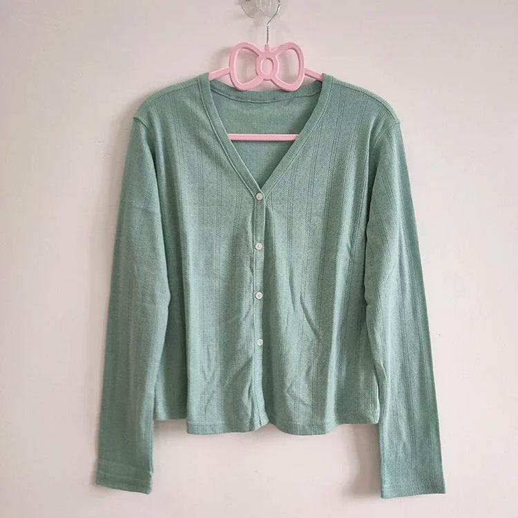 Cloudy Daydream Cardigan in pastel green, cozy knit with relaxed fit.