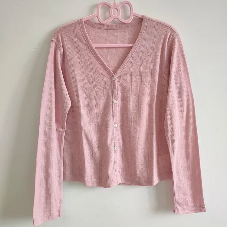 Cloudy Daydream Cardigan in pastel pink, lightweight and airy.
