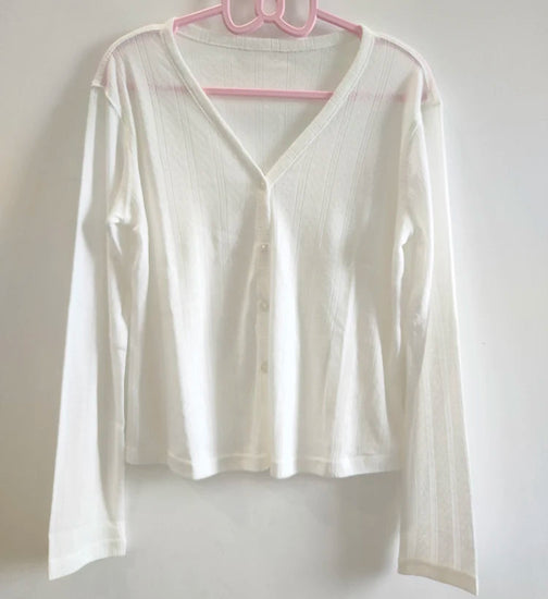 White Cloudy Daydream Cardigan, showcasing V-neckline and button front.