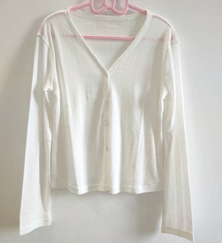 White Cloudy Daydream Cardigan, showcasing V-neckline and button front.