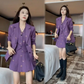 Front and angled views of the Colorful Butterfly Dreams Embroidered Suit in purple, styled with black accessories